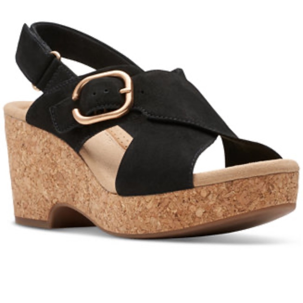 Clarks Womens Giselle Dove Black Cork Nubuck Wedge Sandals‎ Sz 8 US 39
